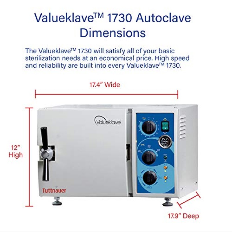 Tuttnauer 1730 Valueklave | Tamaño compacto y fácil operación | Autoclave ideal para oficinas pequeñas