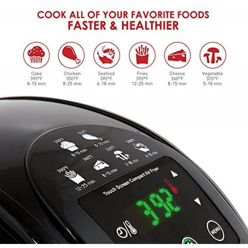 Elite Platinum EAF-2500D Freidora eléctrica digital de aire caliente de 3,5 cuartos de galón, 1400 vatios, cocina saludable sin aceite, ajustes de temperatura/temporizador, sin PFOA/PTFE, incluye 26 recetas a todo color, negro