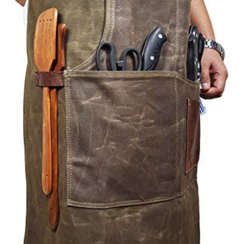 Talla única para delantal utilitario | Correas cruzadas ajustables en la espalda | Delantal de taller multiusos con bolsillos para herramientas de Aaron Leather (lona - verde)