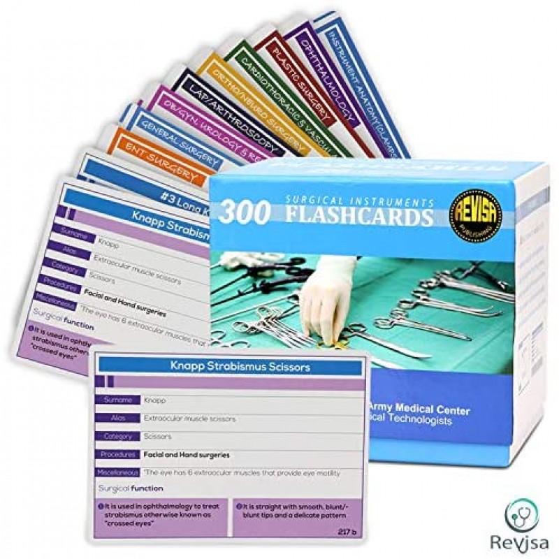 Tarjeta didáctica de instrumentación quirúrgica para exámenes de tecnólogos, para estudiantes de medicina, enfermeras de quirófano. Tarjetas de índice de instrumentos ilustradas para cirugía general Ob/Gyn Cardio, Ortopedia, Vascular 2