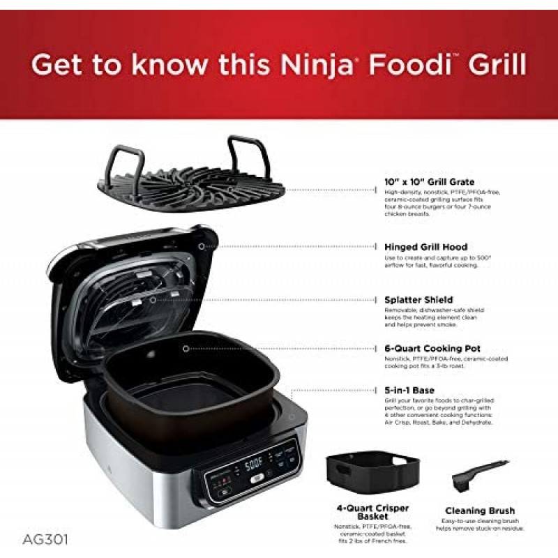 Ninja Foodi AG301 Freidora de aire 5 en 1 para encimera eléctrica de interior, 4 cuartos de galón, tecnología para asar, hornear, deshidratar y parrilla ciclónica, 10" x 10", negro/plateado