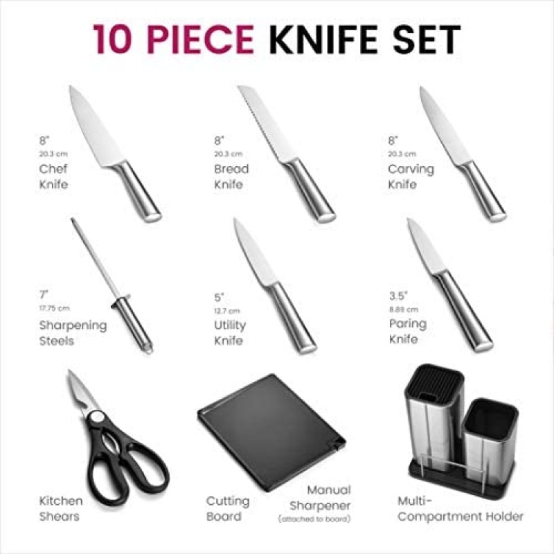 Juego de cuchillos de cocina de acero inoxidable de 10 piezas - Juego de cuchillos de cocina recientemente innovador con soporte para utensilios - 5 cuchillos de acero inoxidable - Afilador de cuchillos