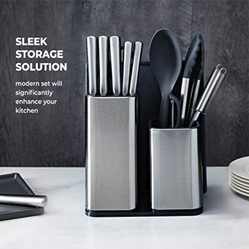 Juego de cuchillos de cocina de acero inoxidable de 10 piezas - Juego de cuchillos de cocina recientemente innovador con soporte para utensilios - 5 cuchillos de acero inoxidable - Afilador de cuchillos