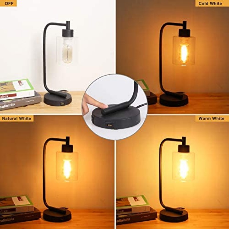 Innqoo Lámpara de mesa con control táctil, lámpara de mesa industrial regulable de 3 vías con puertos de carga USB, lámpara de mesita de noche moderna, lámpara de noche de metal para sala de estar, dormitorio (bombilla vintage T45 incluida)