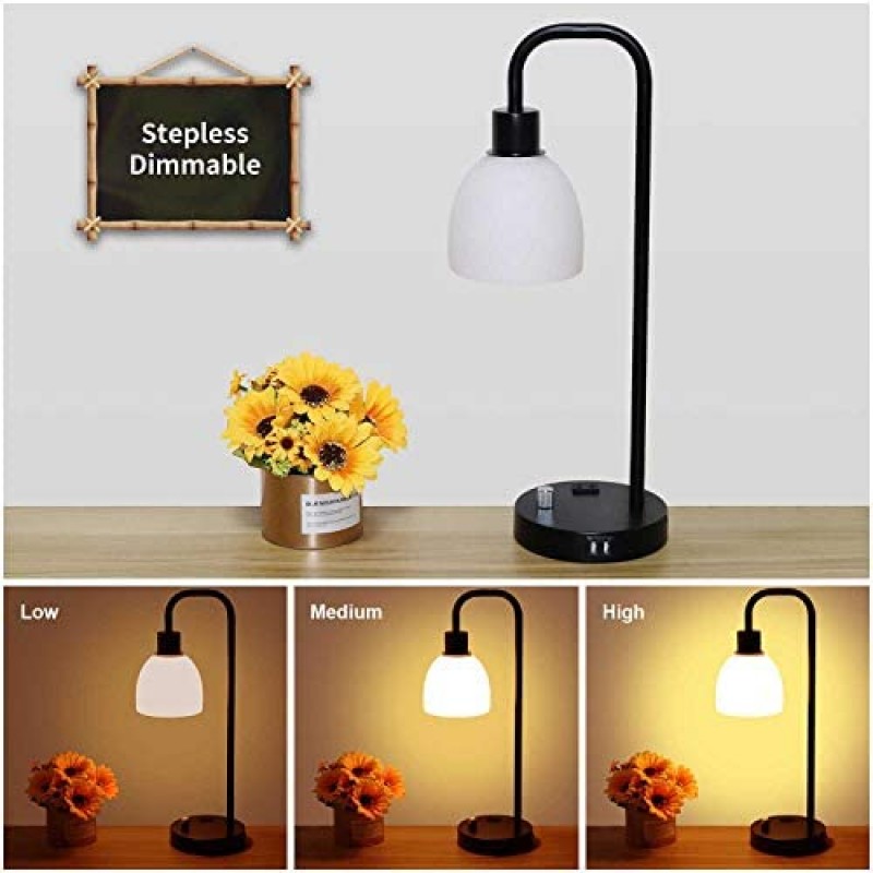 Zermurd Lámpara de mesa industrial, lámpara de noche moderna regulable continua con dos puertos USB y salida de CA Pantalla de vidrio opalino Lámpara de mesita de noche vintage negra para dormitorio, sala de estar, oficina, bombilla de 7 W incluida