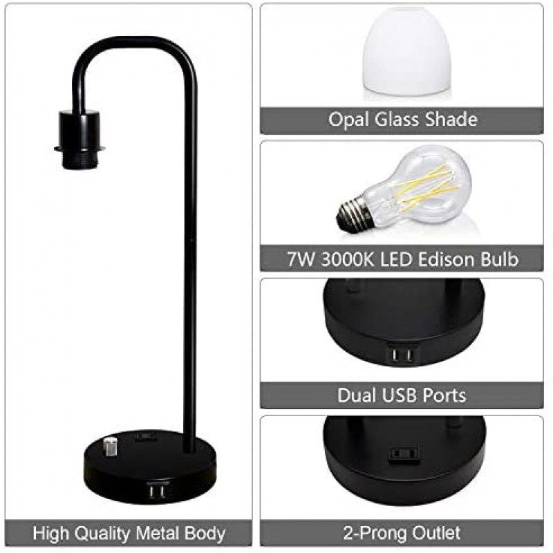 Zermurd Lámpara de mesa industrial, lámpara de noche moderna regulable continua con dos puertos USB y salida de CA Pantalla de vidrio opalino Lámpara de mesita de noche vintage negra para dormitorio, sala de estar, oficina, bombilla de 7 W incluida