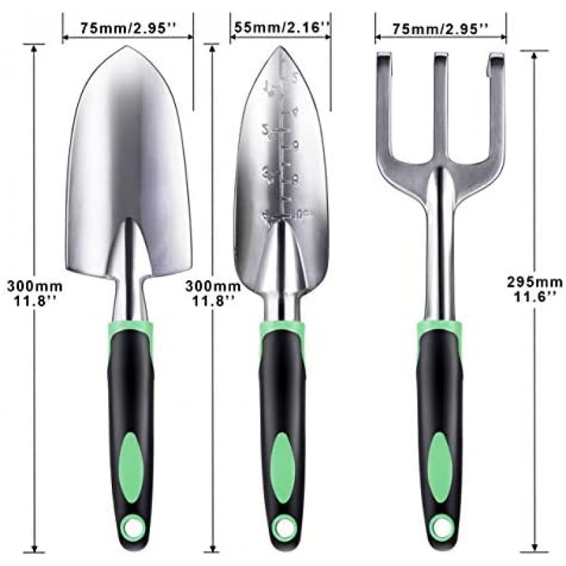 ZUZUAN Juego de herramientas de jardín, paquete de 3 palas de mano de jardín, paletas de jardín de aleación de aluminio con agarre ergonómico antideslizante de goma, paleta incluida, paleta de trasplante y rastrillo de mano cultivador