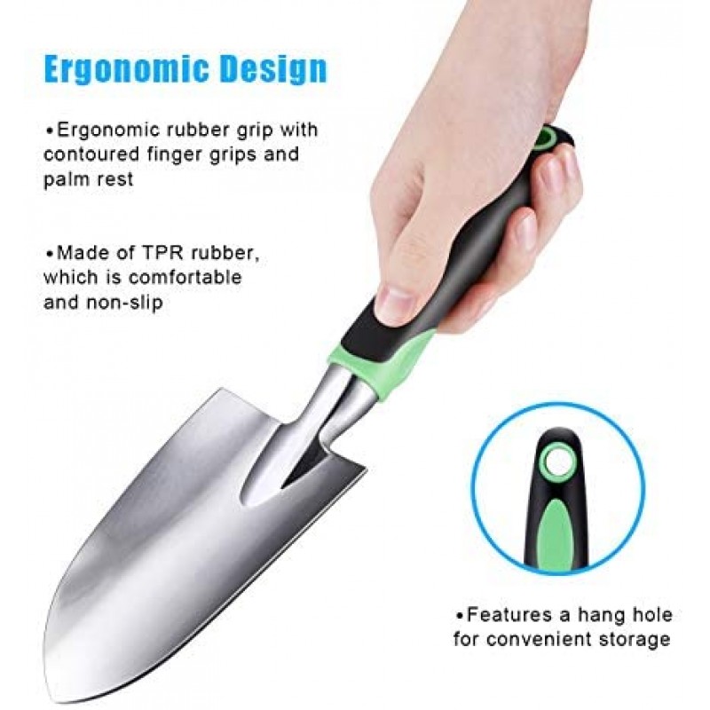 ZUZUAN Juego de herramientas de jardín, paquete de 3 palas de mano de jardín, paletas de jardín de aleación de aluminio con agarre ergonómico antideslizante de goma, paleta incluida, paleta de trasplante y rastrillo de mano cultivador