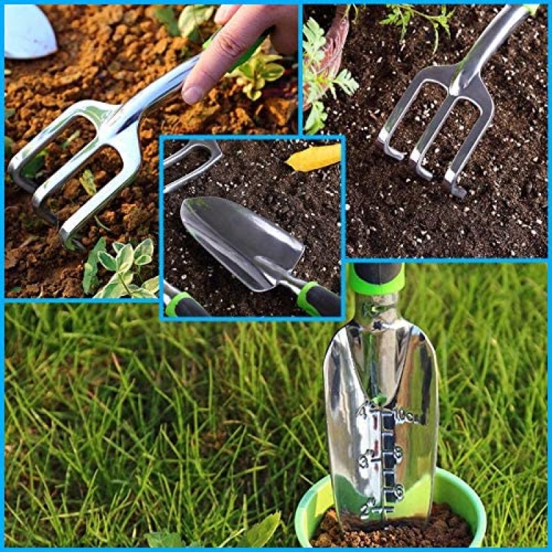 ZUZUAN Juego de herramientas de jardín, paquete de 3 palas de mano de jardín, paletas de jardín de aleación de aluminio con agarre ergonómico antideslizante de goma, paleta incluida, paleta de trasplante y rastrillo de mano cultivador