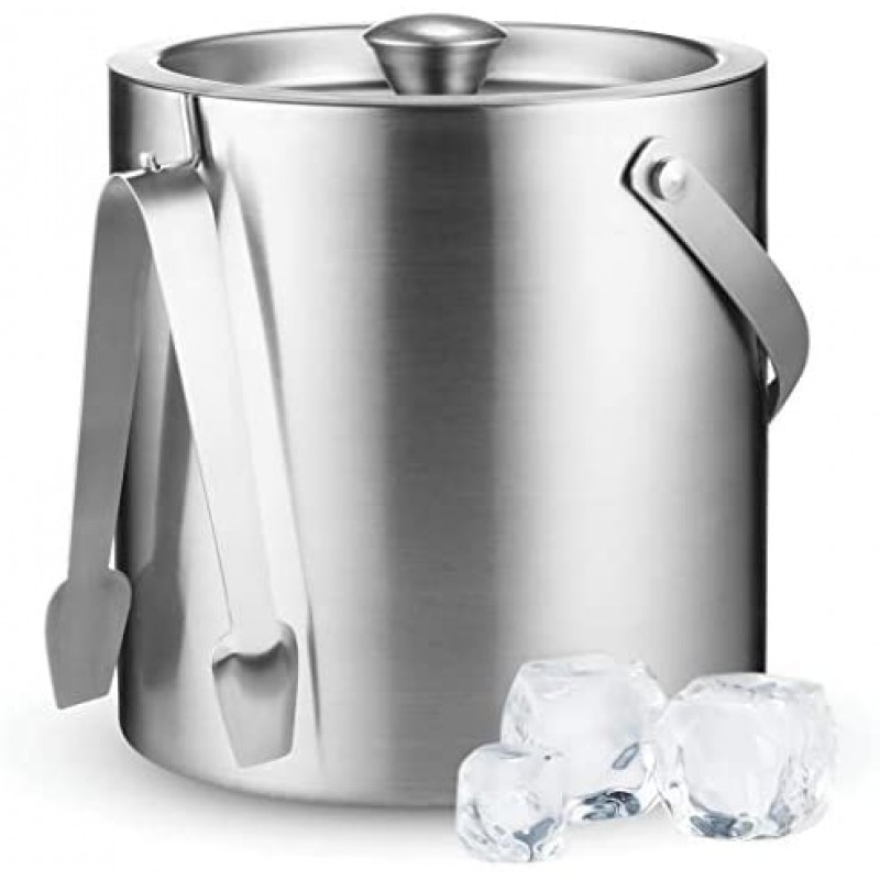 Cubitera aislada de acero inoxidable de doble pared con tapa y pinza para hielo [3 litros] El colador incluido mantiene el hielo frío y seco, cómoda asa de transporte, ideal para bar en casa, enfriar cerveza, champán y vino