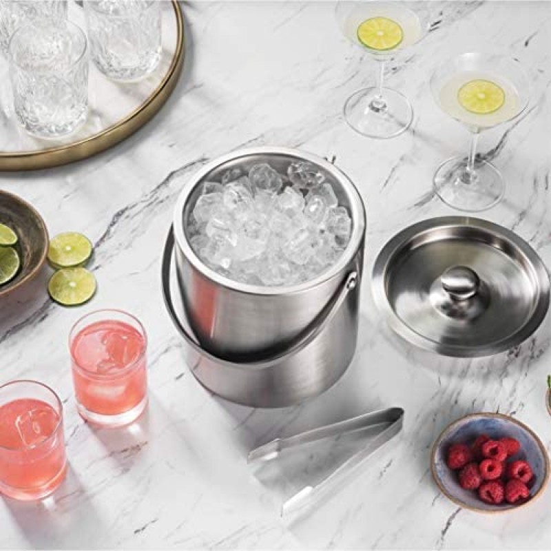Cubitera aislada de acero inoxidable de doble pared con tapa y pinza para hielo [3 litros] El colador incluido mantiene el hielo frío y seco, cómoda asa de transporte, ideal para bar en casa, enfriar cerveza, champán y vino