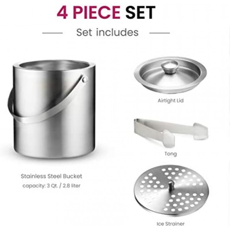 Cubitera aislada de acero inoxidable de doble pared con tapa y pinza para hielo [3 litros] El colador incluido mantiene el hielo frío y seco, cómoda asa de transporte, ideal para bar en casa, enfriar cerveza, champán y vino