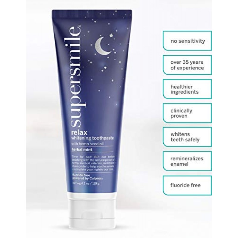 Supersmile Supersmile Relax Pasta de dientes blanqueadora con cáñamo, melatonina y manzanilla - Relájese mientras se cepilla - Clínicamente probado para blanquear los dientes hasta 6 tonos (menta herbaria, 4.2 oz), 4.2 oz.