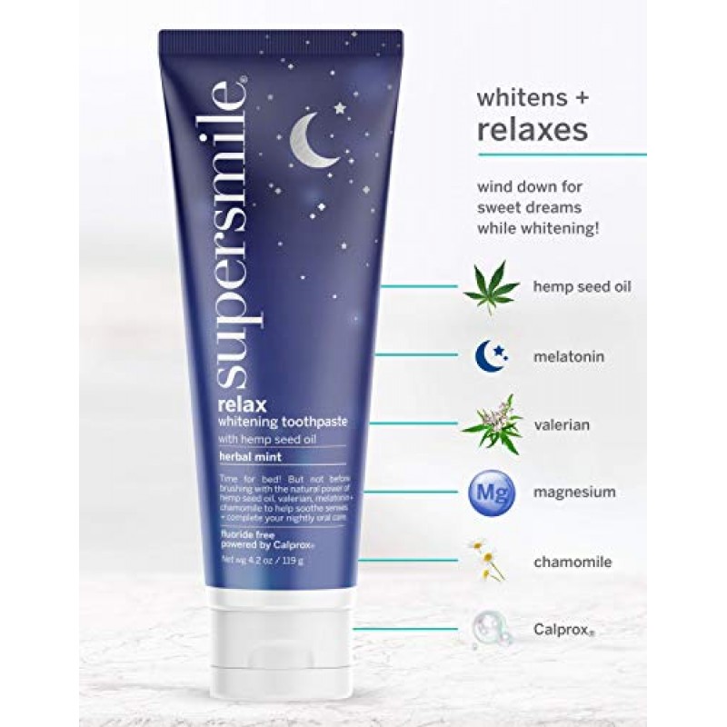 Supersmile Supersmile Relax Pasta de dientes blanqueadora con cáñamo, melatonina y manzanilla - Relájese mientras se cepilla - Clínicamente probado para blanquear los dientes hasta 6 tonos (menta herbaria, 4.2 oz), 4.2 oz.