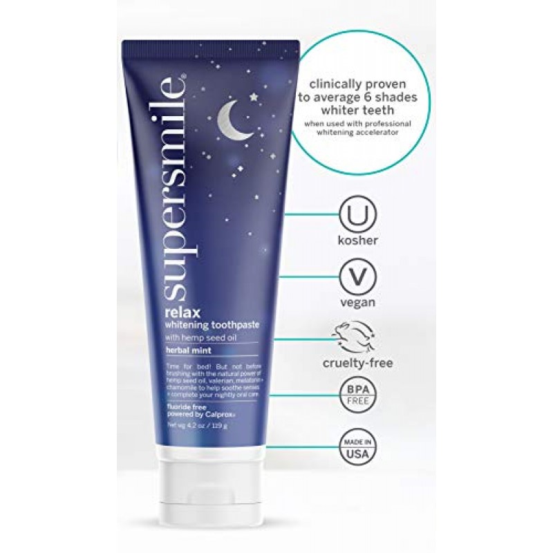 Supersmile Supersmile Relax Pasta de dientes blanqueadora con cáñamo, melatonina y manzanilla - Relájese mientras se cepilla - Clínicamente probado para blanquear los dientes hasta 6 tonos (menta herbaria, 4.2 oz), 4.2 oz.