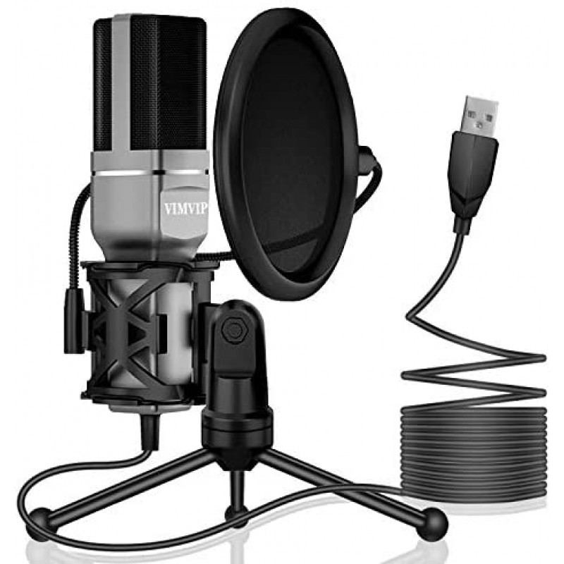 VIMVIP Micrófono de Condensador USB para Computadora, Micrófono USB para PC, Soporte para Micrófono y Filtro POP para Juegos, Streaming, Podcasting, Grabación