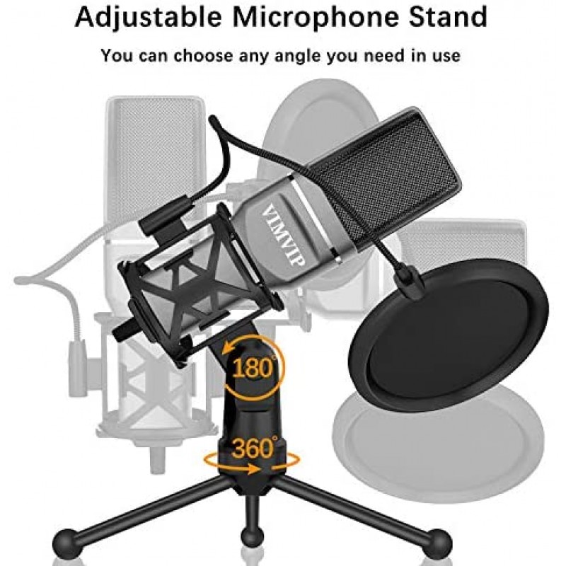 VIMVIP Micrófono de Condensador USB para Computadora, Micrófono USB para PC, Soporte para Micrófono y Filtro POP para Juegos, Streaming, Podcasting, Grabación
