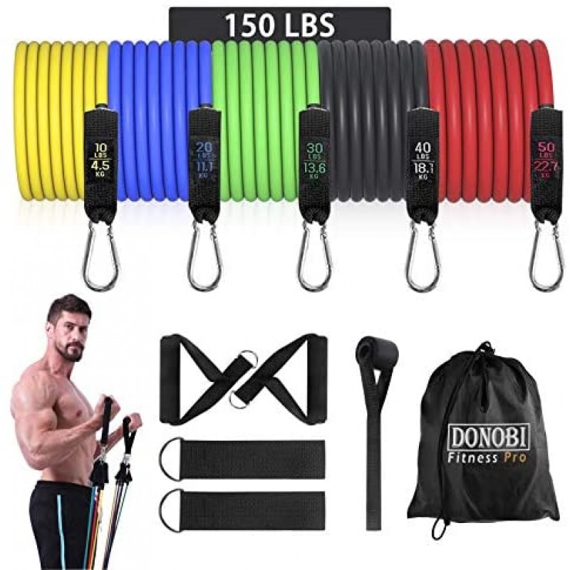 Donobi Juego de bandas de resistencia, bandas de entrenamiento para hombres y mujeres, cuerda de tensión de látex natural, bandas de ejercicio de entrenamiento de resistencia, yoga-pilates, oficina, gimnasio en casa, equipo de fitness