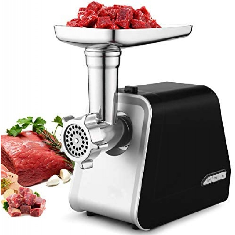 Picadora de carne eléctrica, cortadora de carne y embutidora de salchichas de acero inoxidable de 2000 W máximo con 3 placas de molienda, kit de salchichas y kubbe para cocina casera de alta resistencia, negro