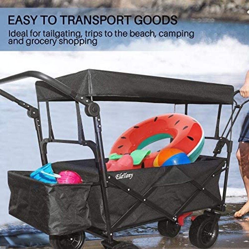 Elatany Carro utilitario plegable para exteriores, resistente, plegable, con freno, ruedas grandes y toldo para comestibles, playa, negro, capacidad de carga de 176 libras
