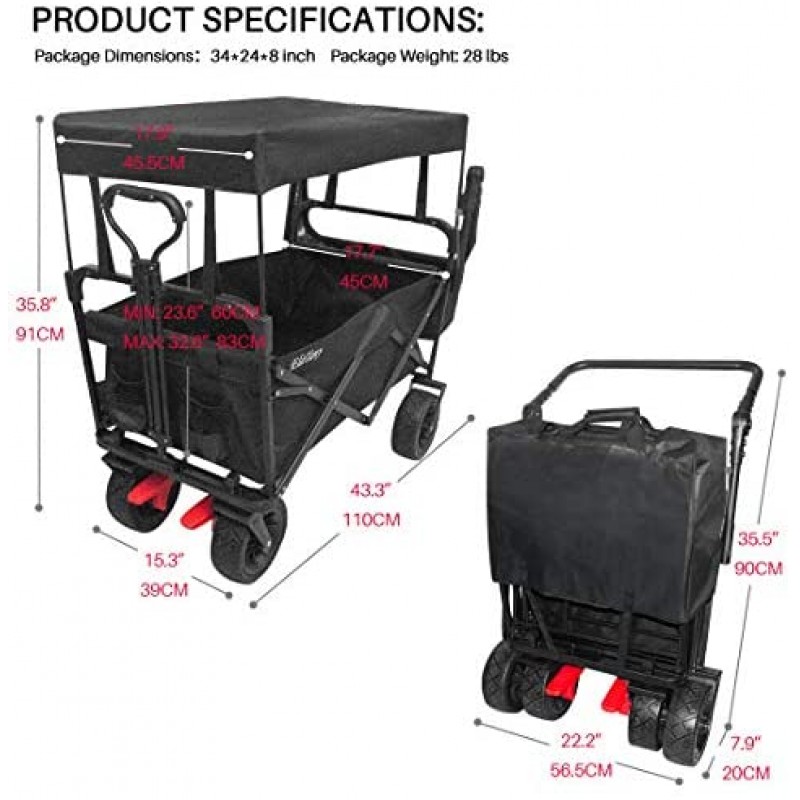 Elatany Carro utilitario plegable para exteriores, resistente, plegable, con freno, ruedas grandes y toldo para comestibles, playa, negro, capacidad de carga de 176 libras