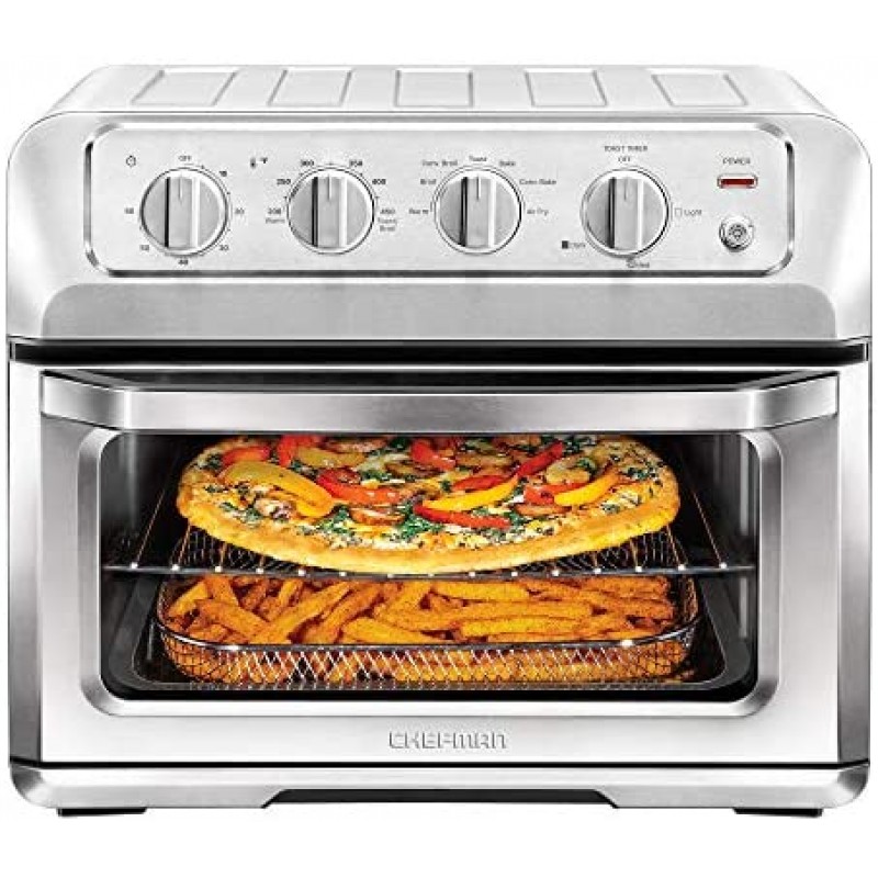 Chefman Horno tostador y freidora de aire de 20 litros, combo 7 en 1 con horneado y asado por convección, apagado automático, temporizador de 60 minutos, freír sin aceite, interior antiadherente, accesorios y libro de cocina incluidos, acero inoxidable