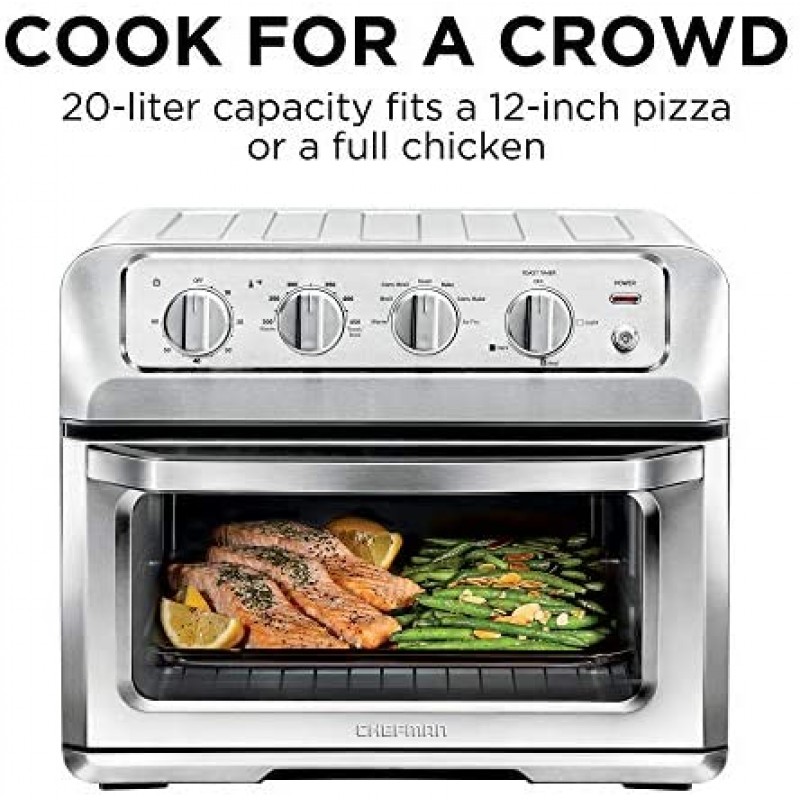Chefman Horno tostador y freidora de aire de 20 litros, combo 7 en 1 con horneado y asado por convección, apagado automático, temporizador de 60 minutos, freír sin aceite, interior antiadherente, accesorios y libro de cocina incluidos, acero inoxidable