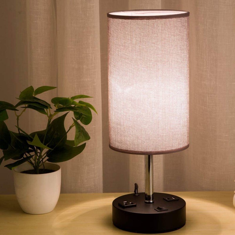 Focondot Lámpara de mesa, mesita de noche con dos puertos de carga USB y salida de CA, juego de 2 lámparas USB con pantalla cilíndrica gris, elegante lámpara de escritorio para dormitorio, sala de estar, oficina (gris)