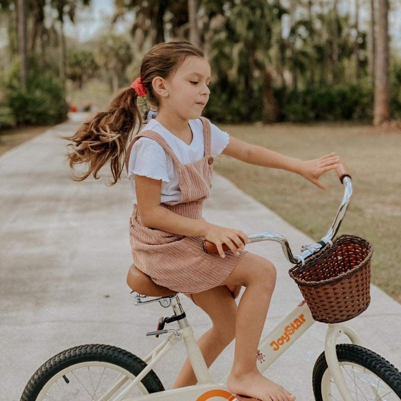 JOYSTAR Bicicleta infantil vintage de 12, 14 y 16 pulgadas con cesta y ruedas de entrenamiento para niñas y niños de 2 a 7 años (marfil y rosa)