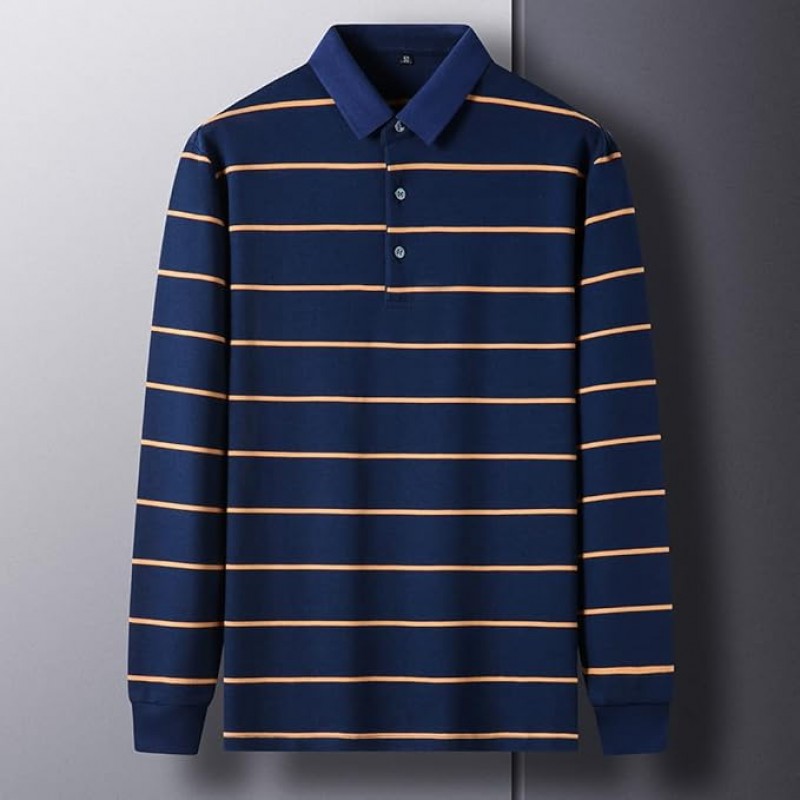 Camiseta polo de manga larga con cuello y corte entallado a rayas de algodón informal para hombre