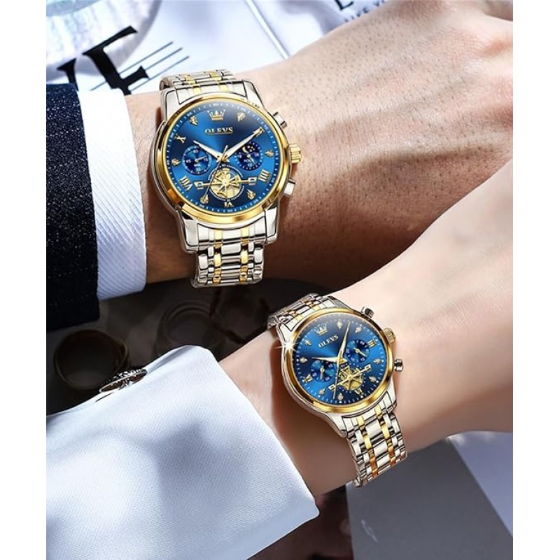 OLEVS Reloj para Parejas Reloj para él y para Ella Reloj analógico de Cuarzo para Hombres y Mujeres Reloj a Juego con Diamantes Reloj cronógrafo romántico para el día de San Valentín