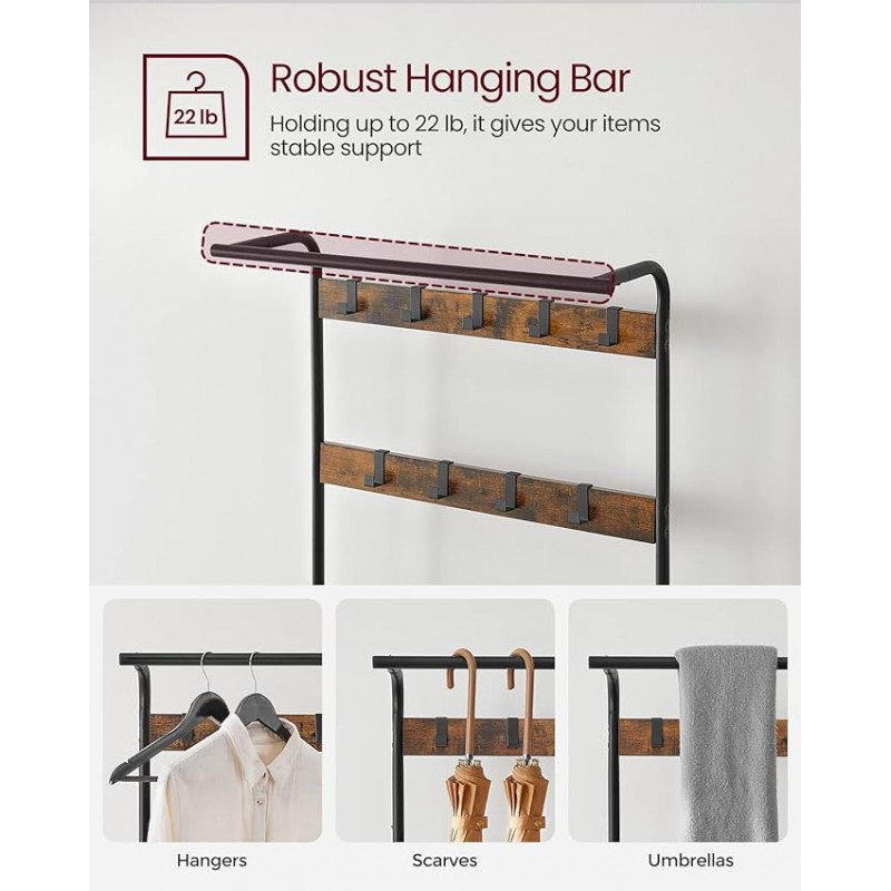 Estante de pelaje vasagle, árbol de salón con banco de zapatos para entrada, banco de entrada con estante de pelaje, 4 en 1, con 9 ganchos extraíbles, una varilla colgante, 13.3 x 33.1 x 72.1 pulgadas, marrón rústico y negro UHSR400B01