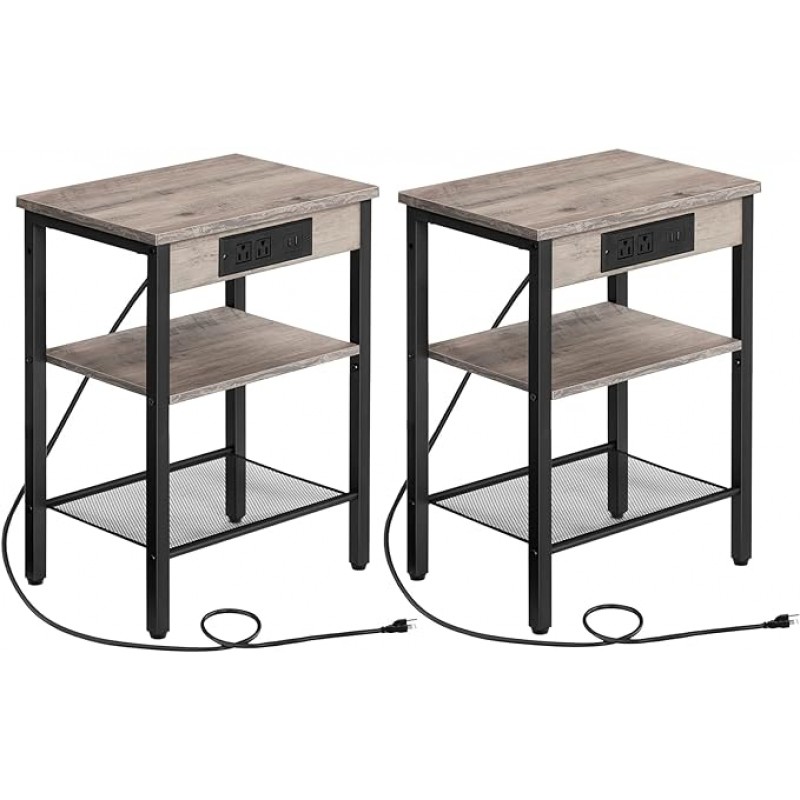 Tablas de mesas de Hoobro End de 2 con estación de carga y puertos USB, mesas de noche de 3 niveles con estantes ajustables, mesas laterales estrechas para espacio pequeño en sala de estar, dormitorio y balcón, Greige BG112BZP201