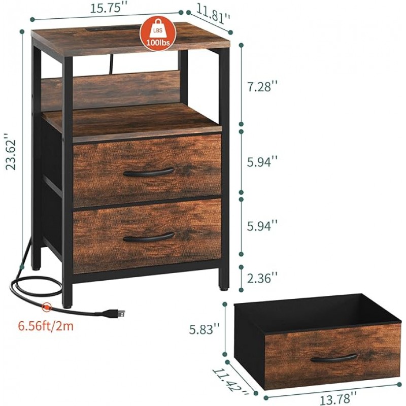 Mesita de noche Yoobure con estación de carga, mesita de noche LED con cajones de tela y estante de almacenamiento para dormitorio, mesitas de noche con puertos y tomas USB, mesitas de noche pequeñas, mesa auxiliar de cama