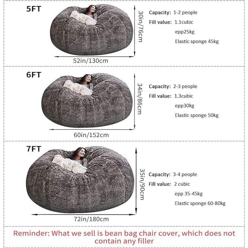 Gran enorme silla de bolsa de frijoles gigantes para adultos, (sin relleno) sillas de bolsas de frijoles en múltiples tamaños y colores muebles gigantes llenos de espuma: cubiertas lavables a máquina, costuras de punto doble (negro, 6 pies)