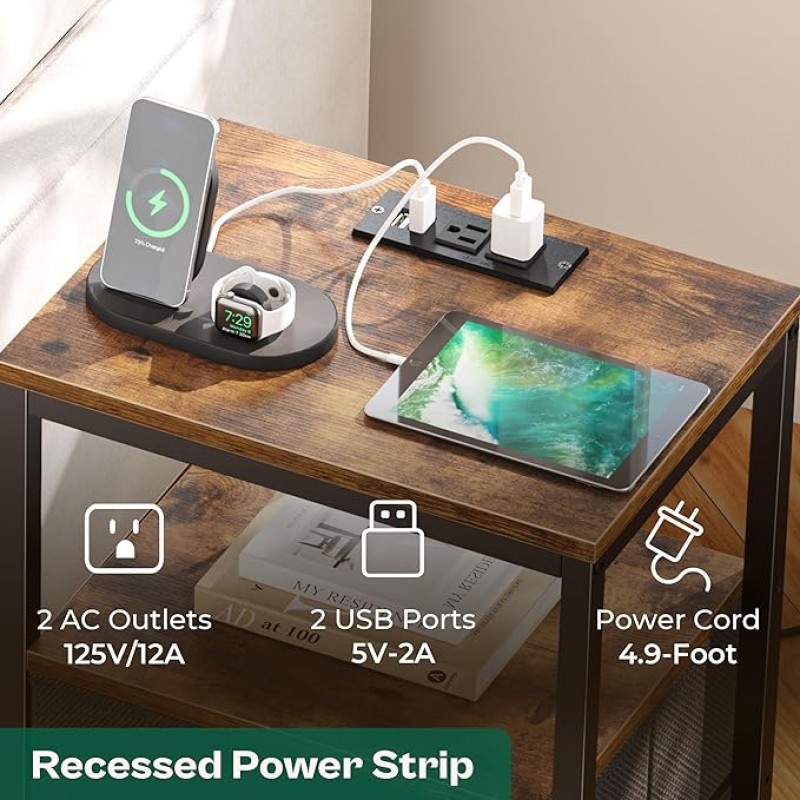 Mesita de noche con estación de carga, mesa auxiliar con cajones de tela, mesa auxiliar con estante abierto, mesita de noche con puertos y tomas USB, mesita de noche para dormitorio, marrón rústico y negro