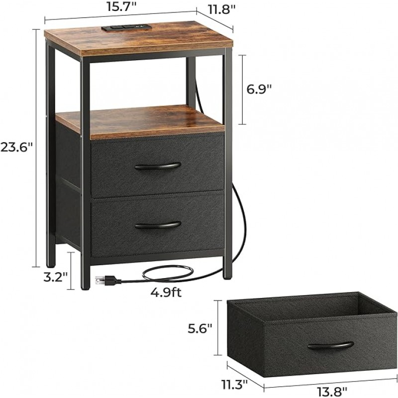Mesita de noche con estación de carga, mesa auxiliar con cajones de tela, mesa auxiliar con estante abierto, mesita de noche con puertos y tomas USB, mesita de noche para dormitorio, marrón rústico y negro