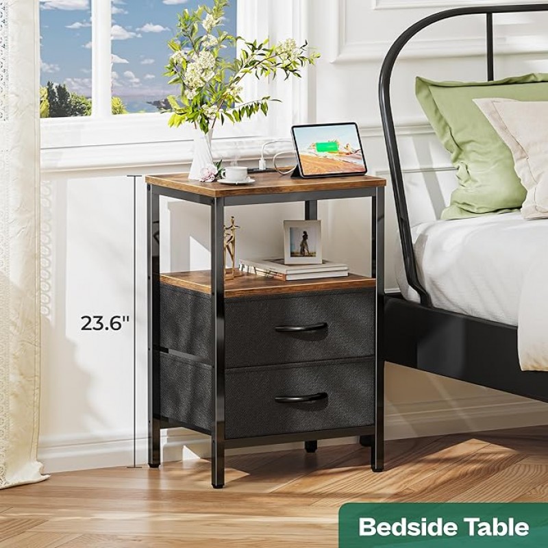 Mesita de noche con estación de carga, mesa auxiliar con cajones de tela, mesa auxiliar con estante abierto, mesita de noche con puertos y tomas USB, mesita de noche para dormitorio, marrón rústico y negro