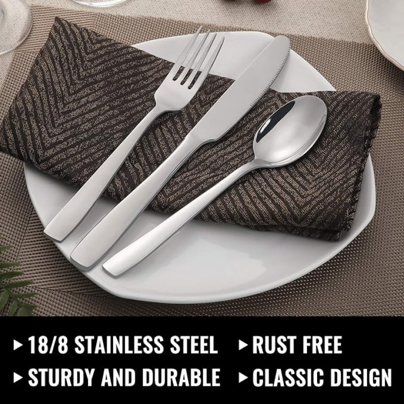 HiWare Juego de cubiertos de 48 piezas con cuchillos de carne para 8, cubiertos de cubiertas de acero inoxidable para hotel de restaurantes de cocina en casa, juego de utensilios de cocina, espejo pulido, lavavajillas seguro