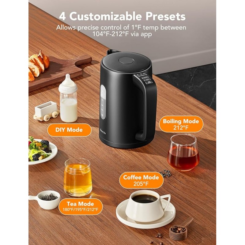 GoveeLife Hervidor eléctrico inteligente con control de temperatura de 1,7 L, hervidor de té eléctrico WiFi con luces indicadoras LED, ebullición rápida de 1500W, 2 horas de mantenimiento caliente