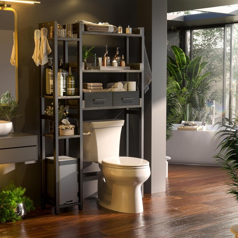 Almacenamiento sobre el inodoro con 2 cajones – Organizador de baño de 7 niveles con estante ajustable, estante de almacenamiento independiente para ahorrar espacio encima del soporte del inodoro con 4 ganchos para baño, lavandería, roble gris