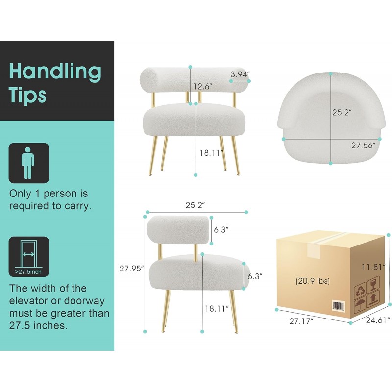 Silla decorativa Sherpa Boucle de mediados de siglo, sillón redondo tapizado para espacios pequeños, sofá esquinero lateral esponjoso para sala de estar, dormitorio, tocador, oficina, rincón de lectura (blanco crema)