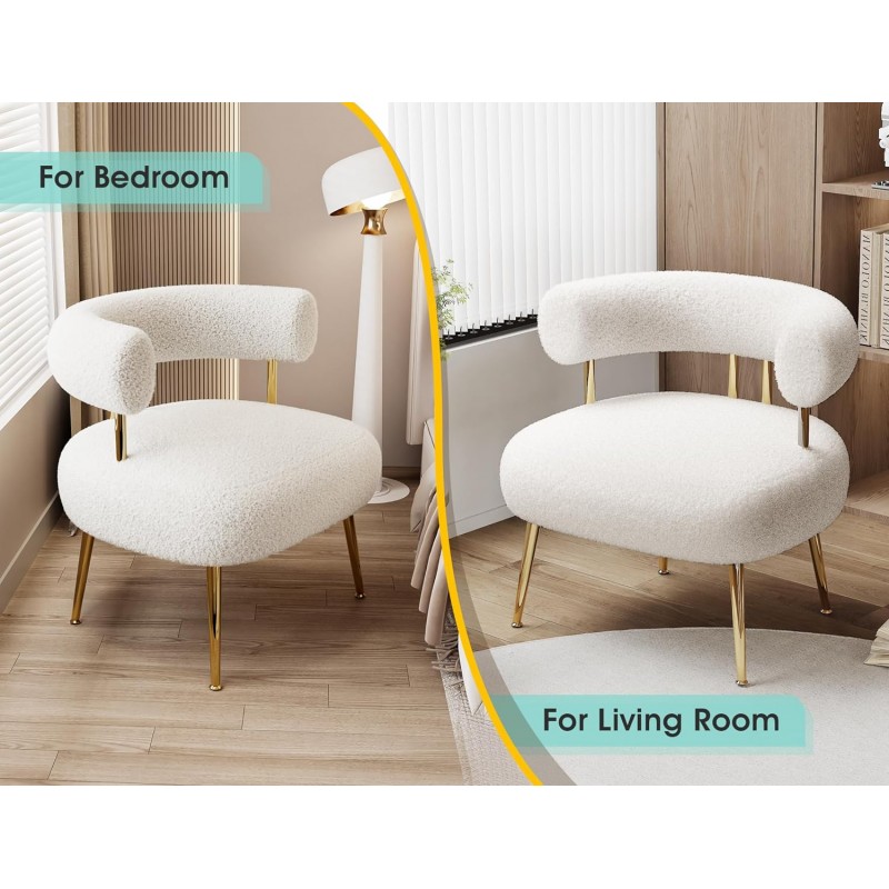 Silla decorativa Sherpa Boucle de mediados de siglo, sillón redondo tapizado para espacios pequeños, sofá esquinero lateral esponjoso para sala de estar, dormitorio, tocador, oficina, rincón de lectura (blanco crema)