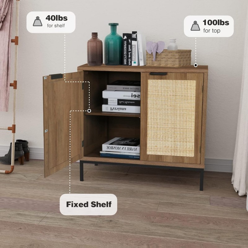 Anmytek Gabinete de almacenamiento rústico con acento de roble con 2 puertas de ratán, aparador de madera natural de mediados de siglo para sala de estar H0045