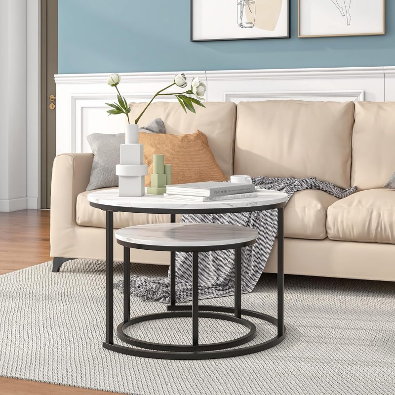 Pasa el cursor sobre la imagen para ampliarla 6 VIDEOS Mesa de centro redonda nido, juego de 2 mesas auxiliares para sala de estar, mesa de centro circular y de mármol, muebles decorativos de madera con marco de metal, mesas auxiliares apilables, negro