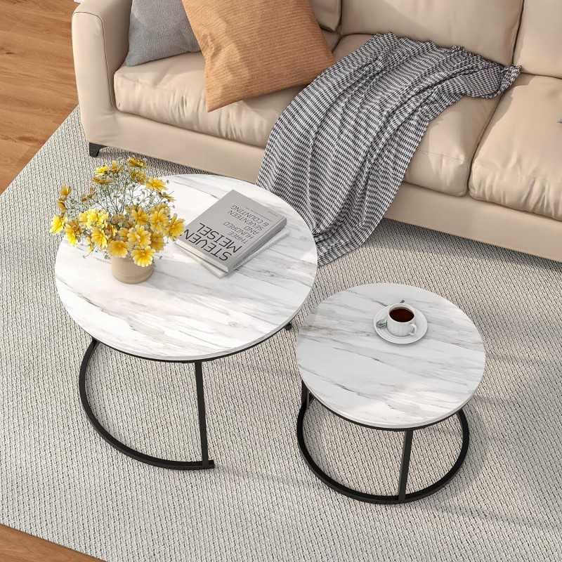 Pasa el cursor sobre la imagen para ampliarla 6 VIDEOS Mesa de centro redonda nido, juego de 2 mesas auxiliares para sala de estar, mesa de centro circular y de mármol, muebles decorativos de madera con marco de metal, mesas auxiliares apilables, negro