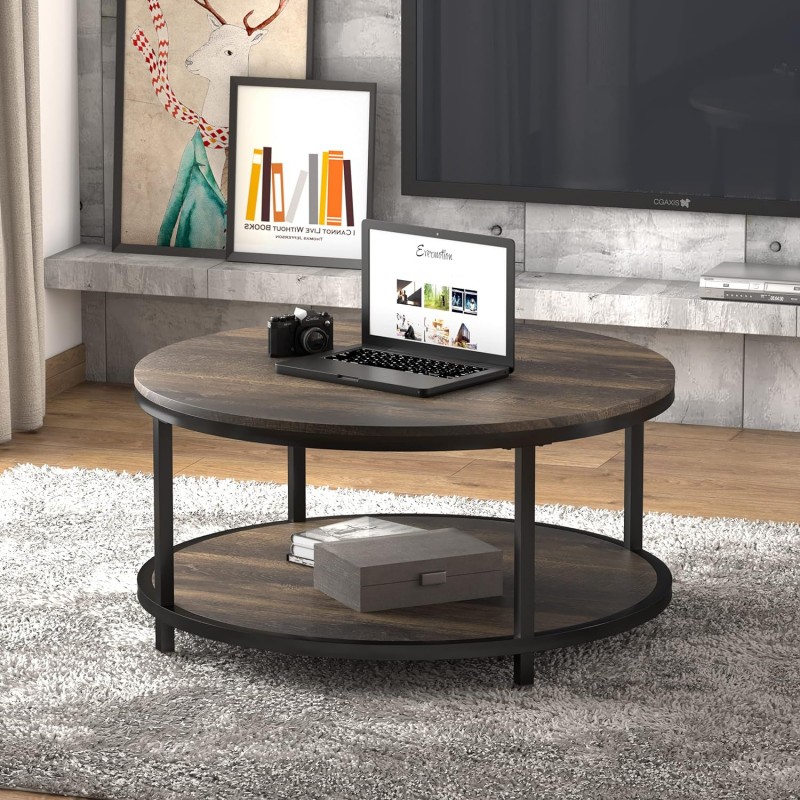 NSdirect Mesa de centro redonda de 36 pulgadas, superficie de madera rústica y patas de metal resistentes, mesa de sofá industrial para sala de estar, muebles de hogar de diseño moderno con estante abierto de almacenamiento (marrón rústico)