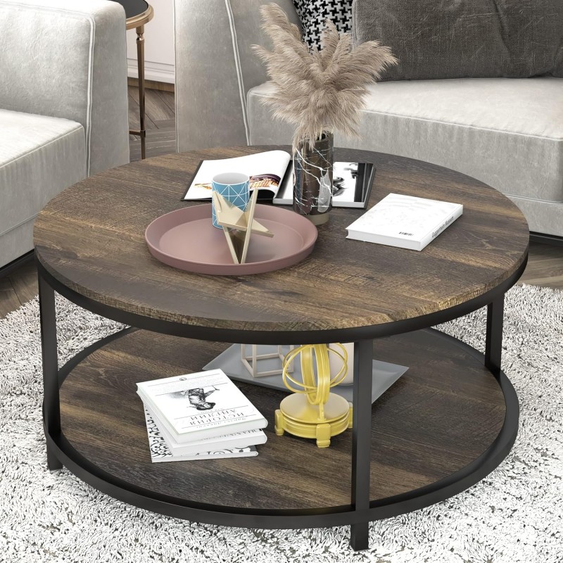 NSdirect Mesa de centro redonda de 36 pulgadas, superficie de madera rústica y patas de metal resistentes, mesa de sofá industrial para sala de estar, muebles de hogar de diseño moderno con estante abierto de almacenamiento (marrón rústico)