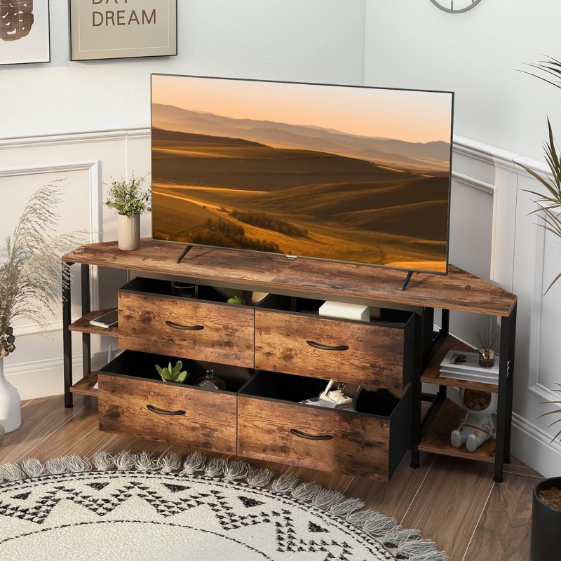EXOTICA Soporte de esquina para TV para sala de estar con 4 cajones y toma de corriente Centro de entretenimiento de esquina industrial para televisores de hasta 65 pulgadas Mesa consola de esquina de granja 