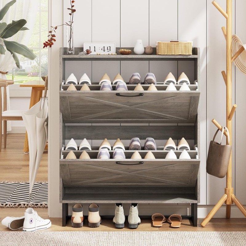 Maupvit Zapatero con 2 cajones abatibles, organizador independiente para zapatos con patas de metal, gabinete de almacenamiento de zapatos para entrada, zapatero estrecho, gris lavado